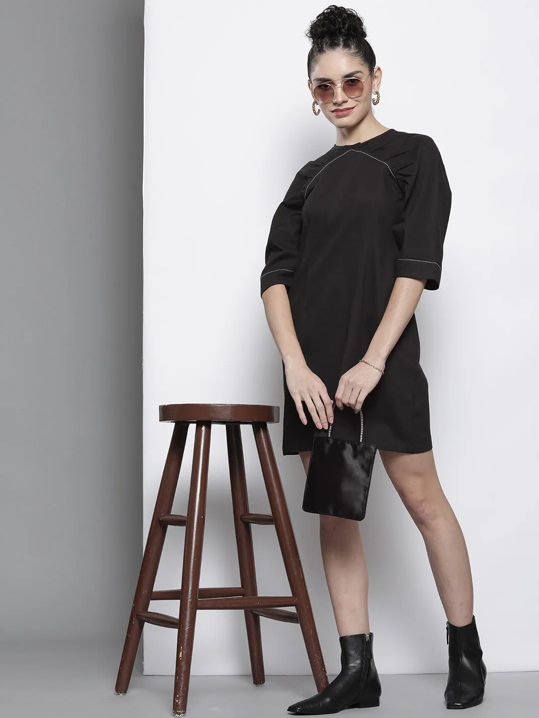 Women Black Twill Volume Shoulder Shift Dress