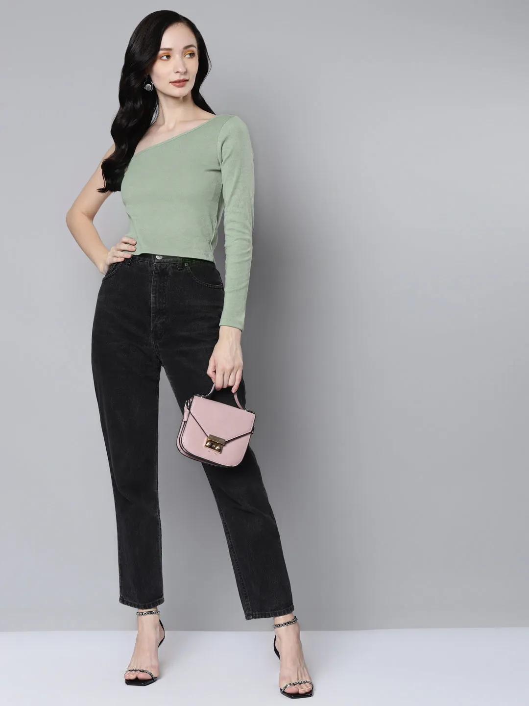 Women Olive Rib One Shoulder Crop Top