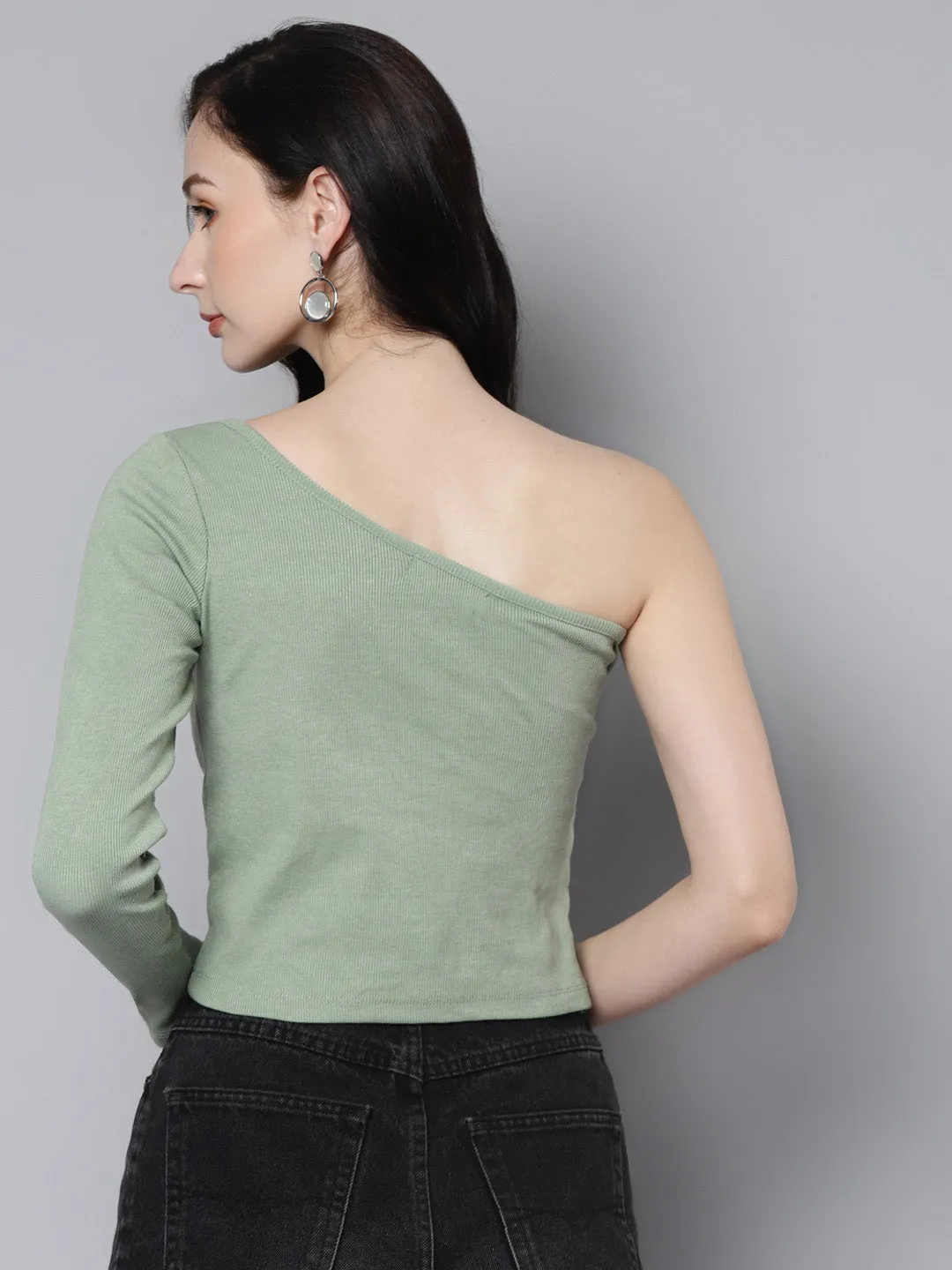 Women Olive Rib One Shoulder Crop Top