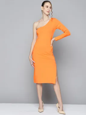 Women Orange One Shoulder Bodycon Dress