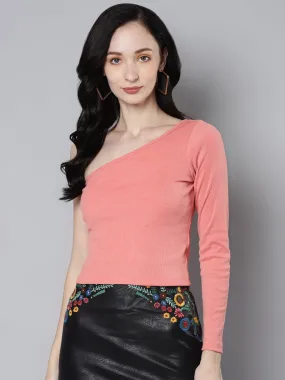 Women Peach Rib One Shoulder Crop Top