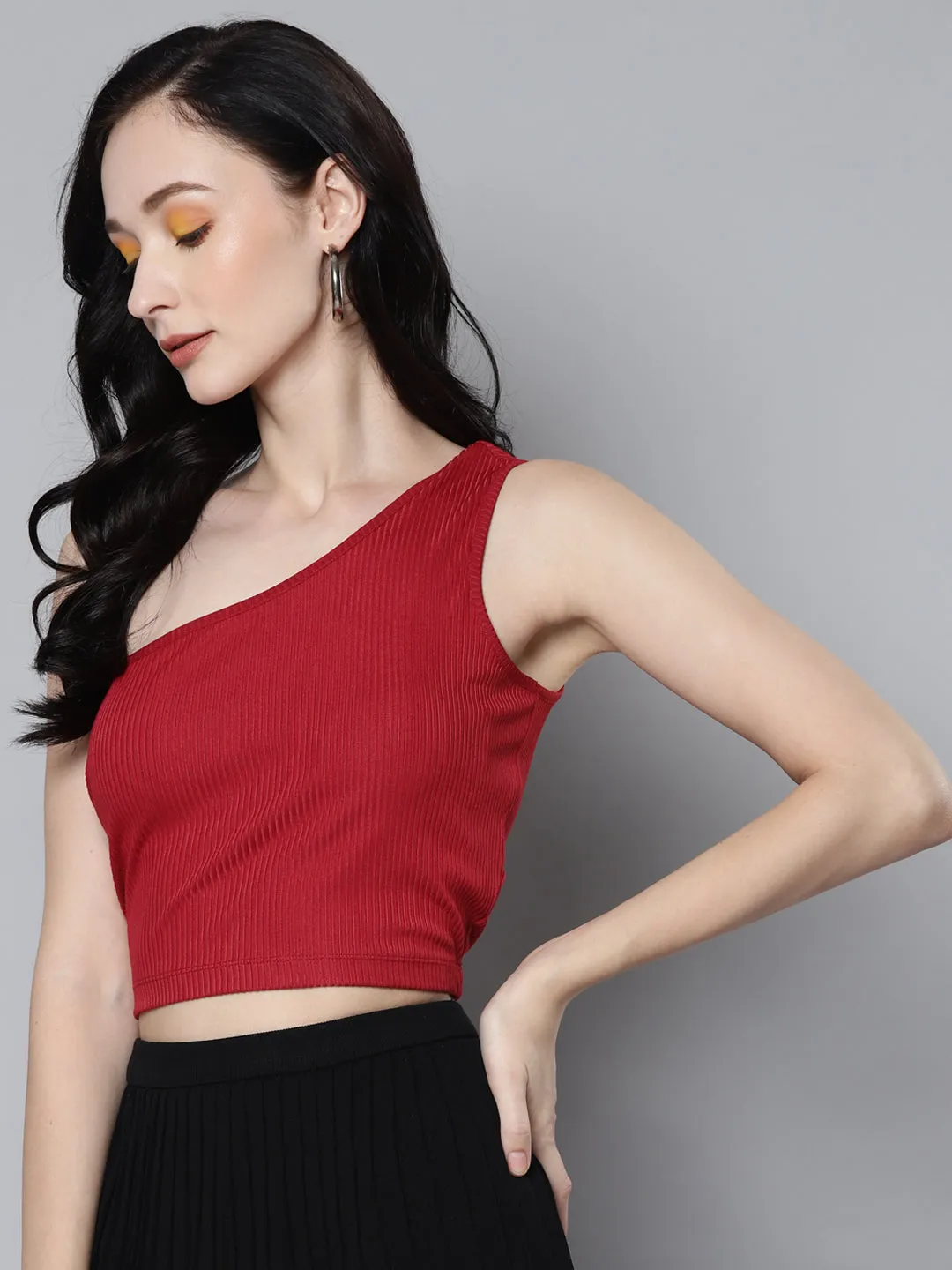 Women Red Rib One Shoulder Crop Top