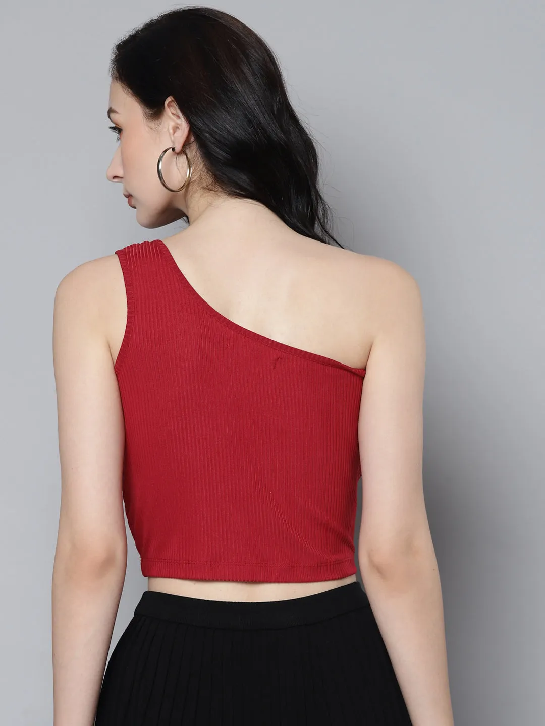 Women Red Rib One Shoulder Crop Top