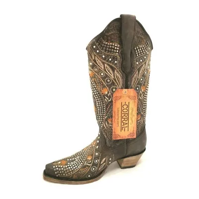 WOMEN'S CORRAL BROWN FLOWERED EMBROIDERY & CRYSTAL STUDS BOOTS E1518