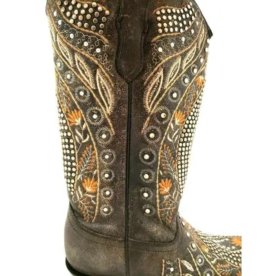 WOMEN'S CORRAL BROWN FLOWERED EMBROIDERY & CRYSTAL STUDS BOOTS E1518