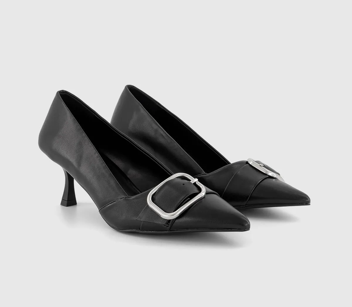 Black Kitten Heel Courts with Buckle Detail for Women's Office Attire