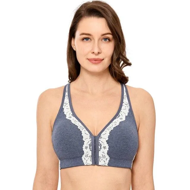 Plus Size Blue Marl Lace Front Closure X Shape Strap Bra for Full Figured Women