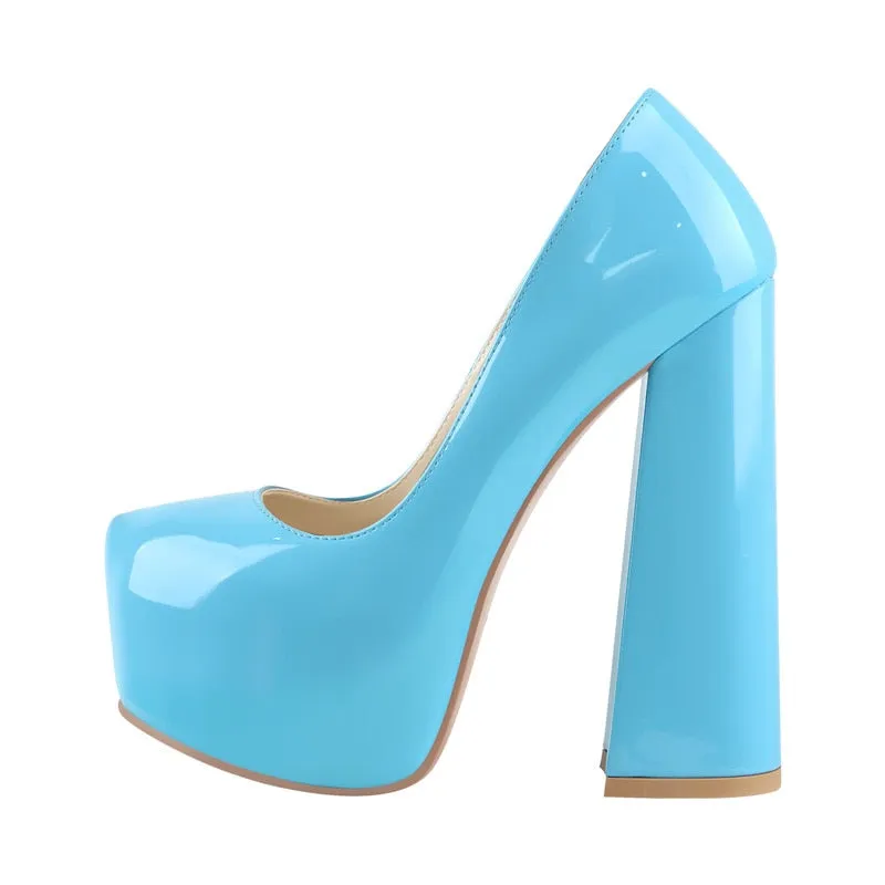 Platform High Heel Pumps with Ankle Strap - 16cm Chunky Heels - Round Toe - Big Size