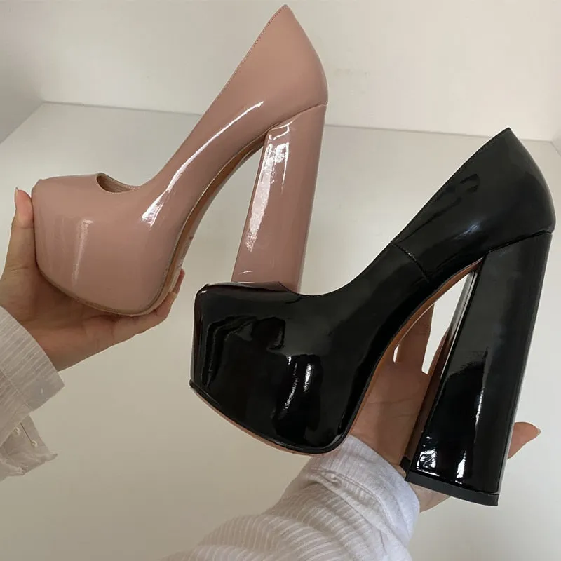 Platform High Heel Pumps with Ankle Strap - 16cm Chunky Heels - Round Toe - Big Size