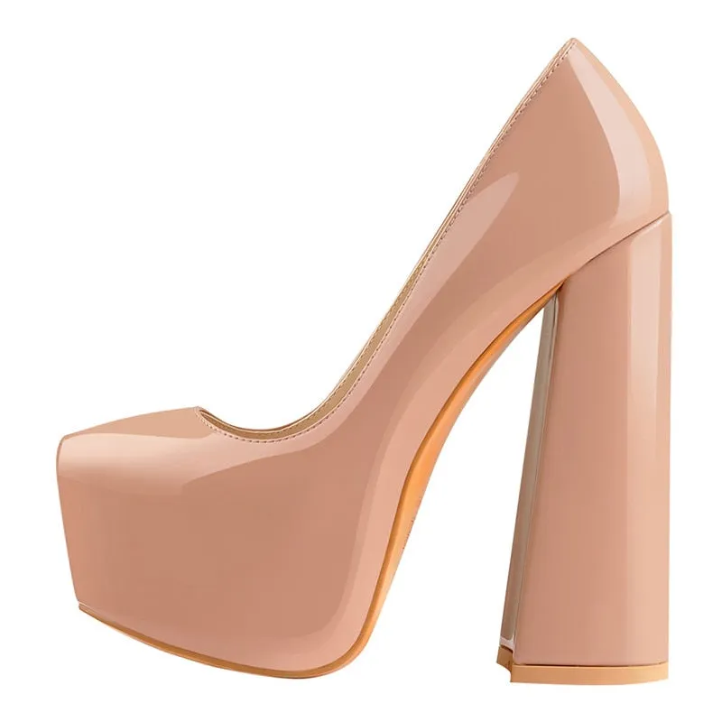 Platform High Heel Pumps with Ankle Strap - 16cm Chunky Heels - Round Toe - Big Size