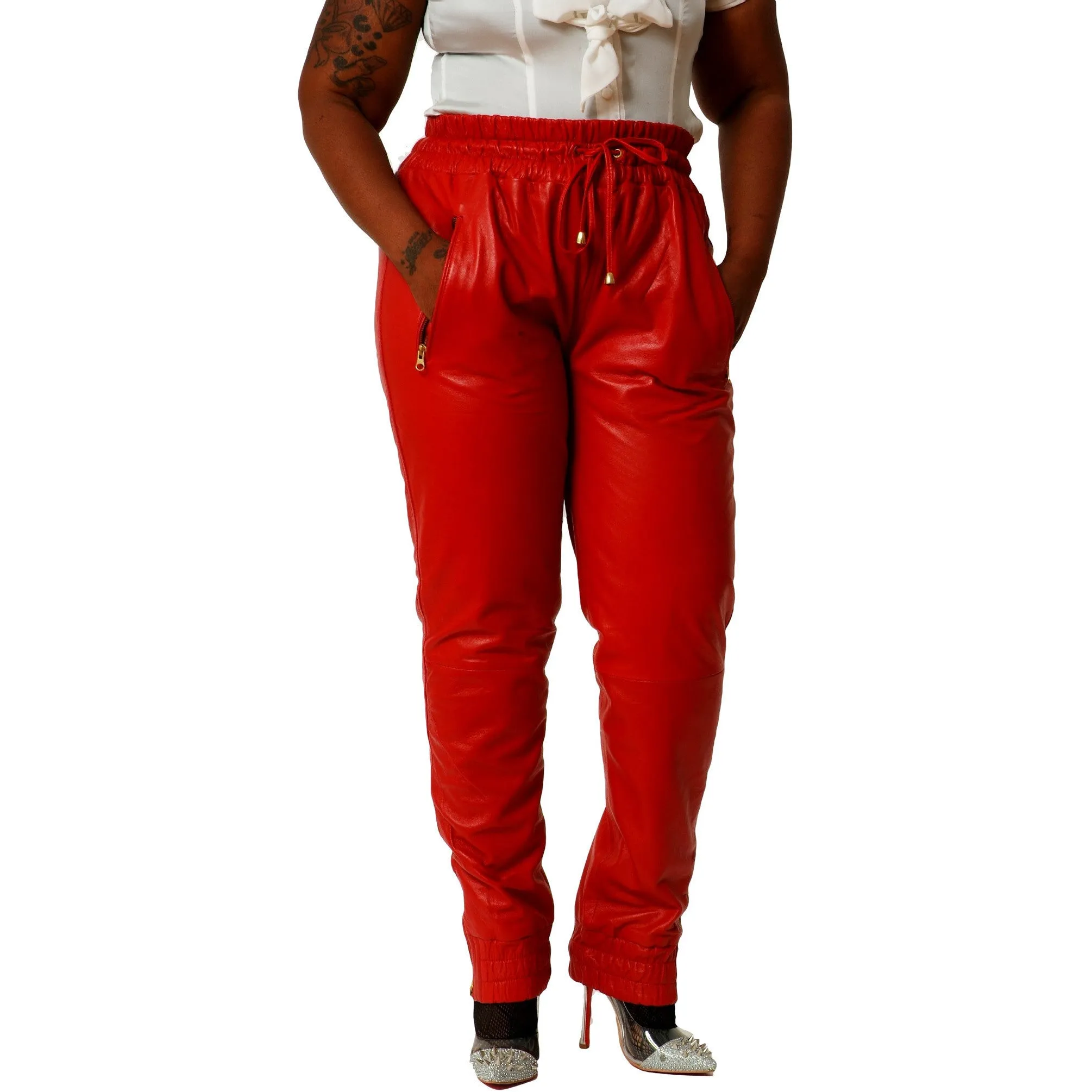 Womens Unisex Red Leather Sweat Pants / Joggers Relaxed Fit Smooth Nappa Sheepskin Black Liner