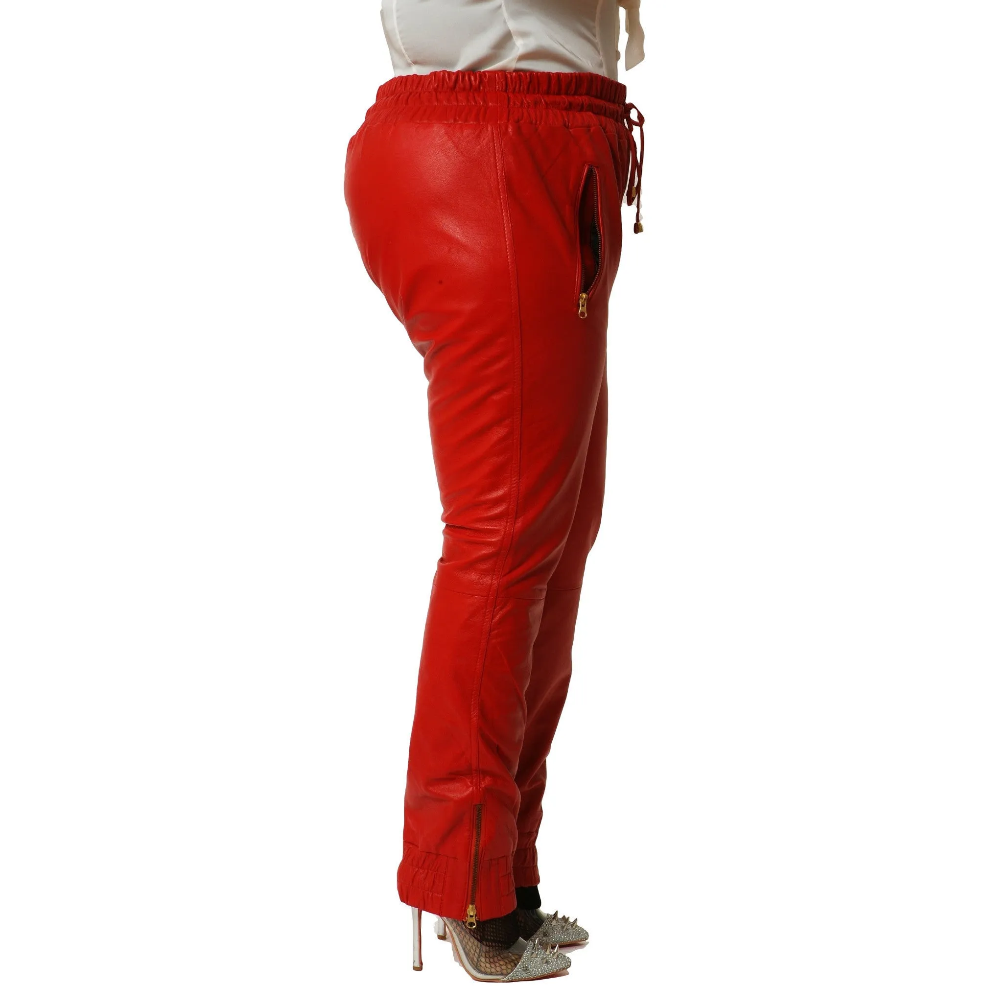 Womens Unisex Red Leather Sweat Pants / Joggers Relaxed Fit Smooth Nappa Sheepskin Black Liner