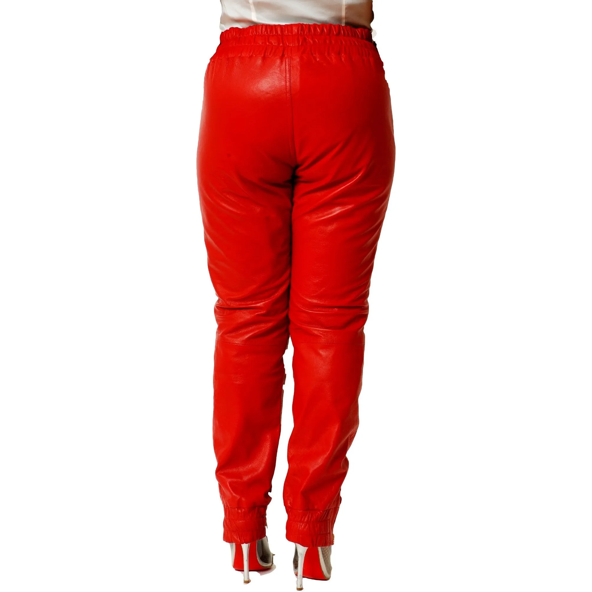 Womens Unisex Red Leather Sweat Pants / Joggers Relaxed Fit Smooth Nappa Sheepskin Black Liner