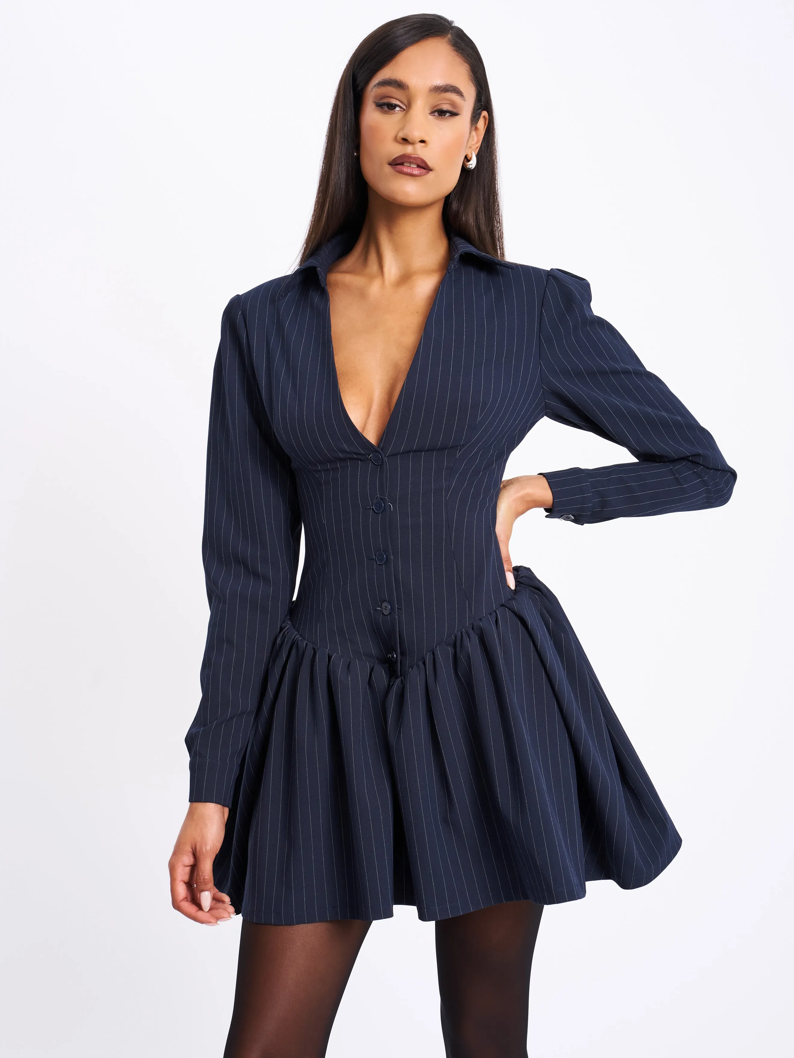 Xabrina Navyblue Pinstripe Long Sleeve Shirt Mini Dress