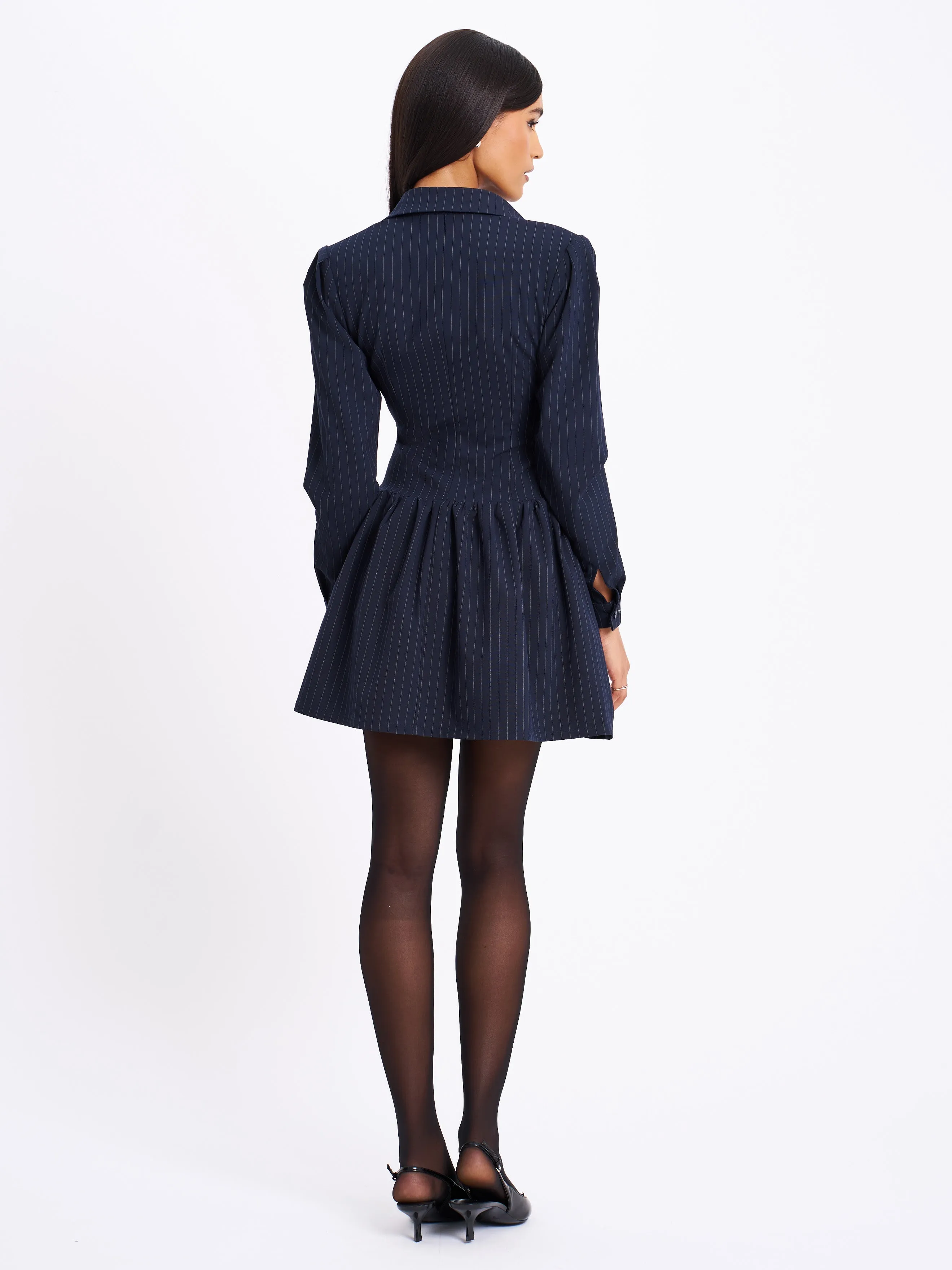 Xabrina Navyblue Pinstripe Long Sleeve Shirt Mini Dress