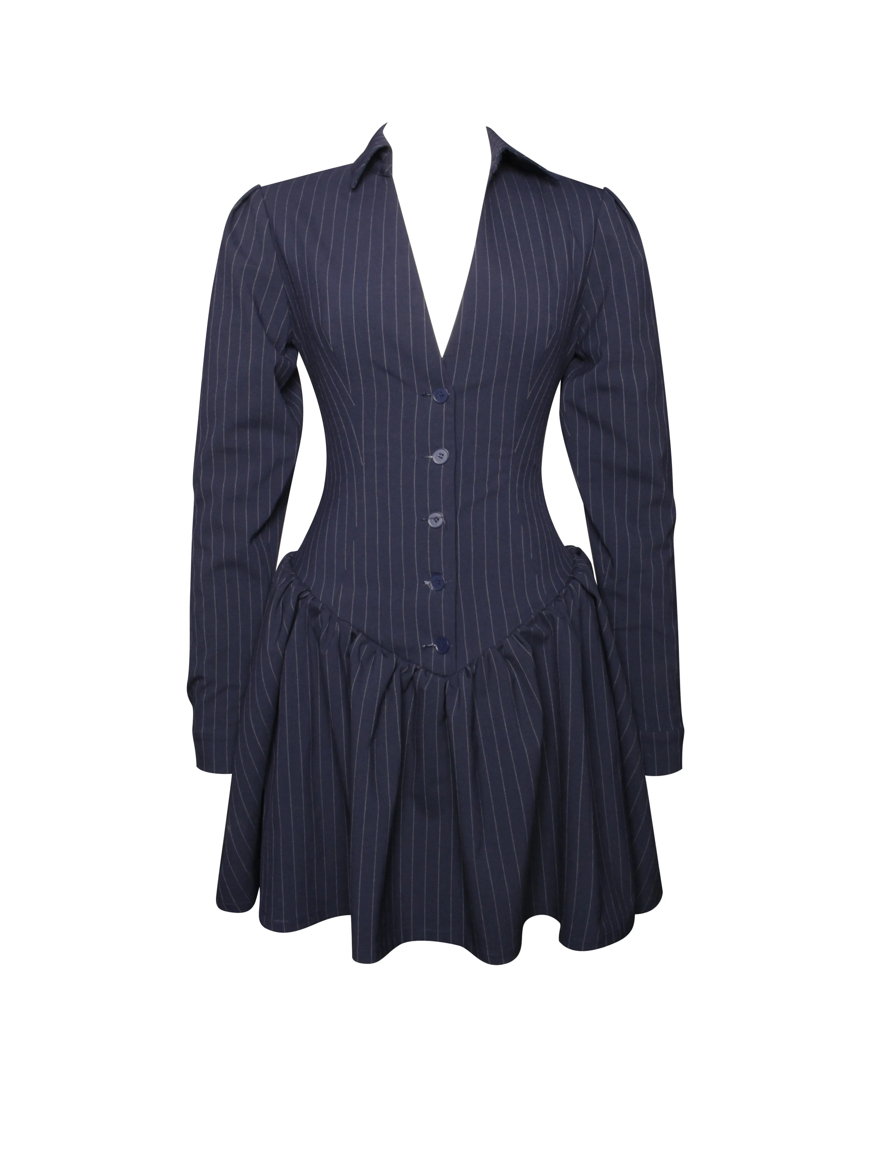 Xabrina Navyblue Pinstripe Long Sleeve Shirt Mini Dress