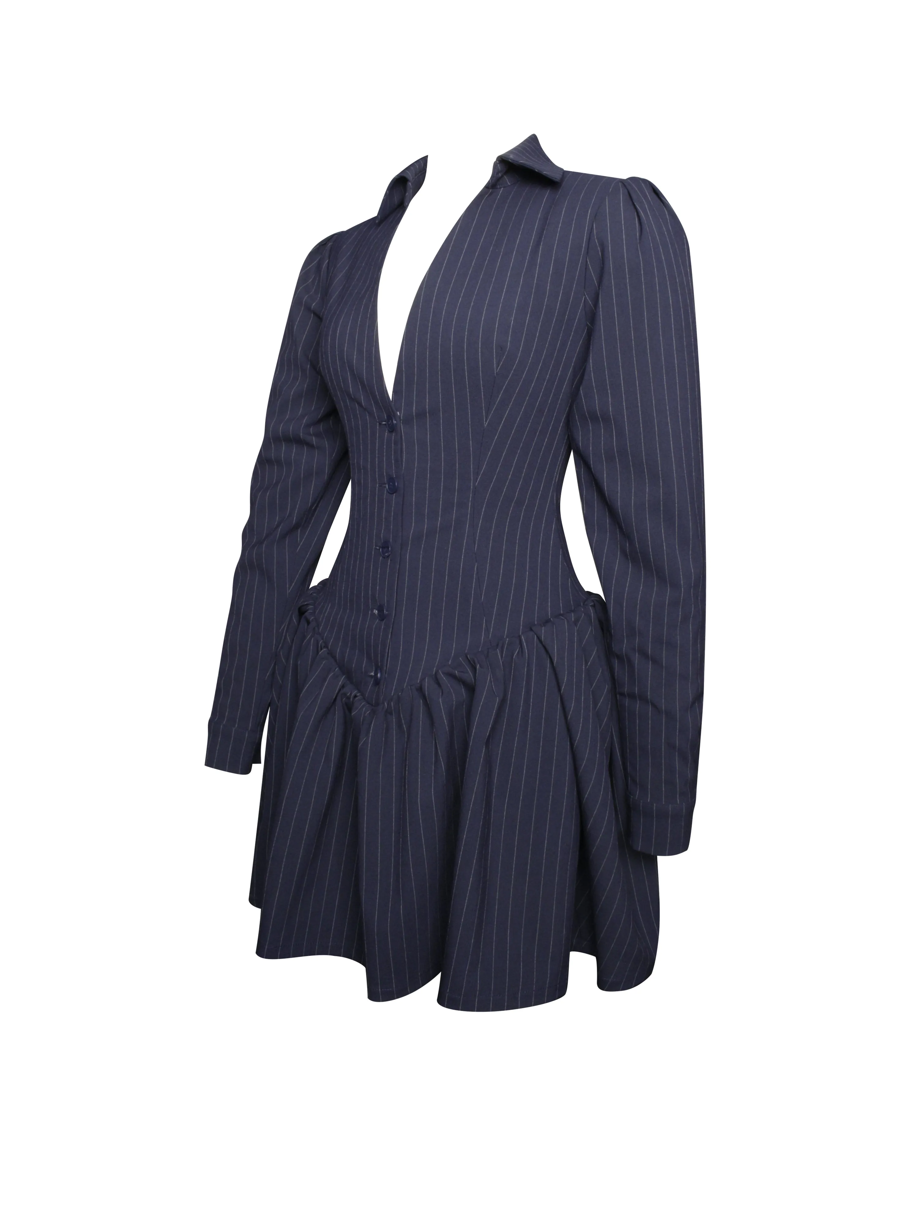 Xabrina Navyblue Pinstripe Long Sleeve Shirt Mini Dress