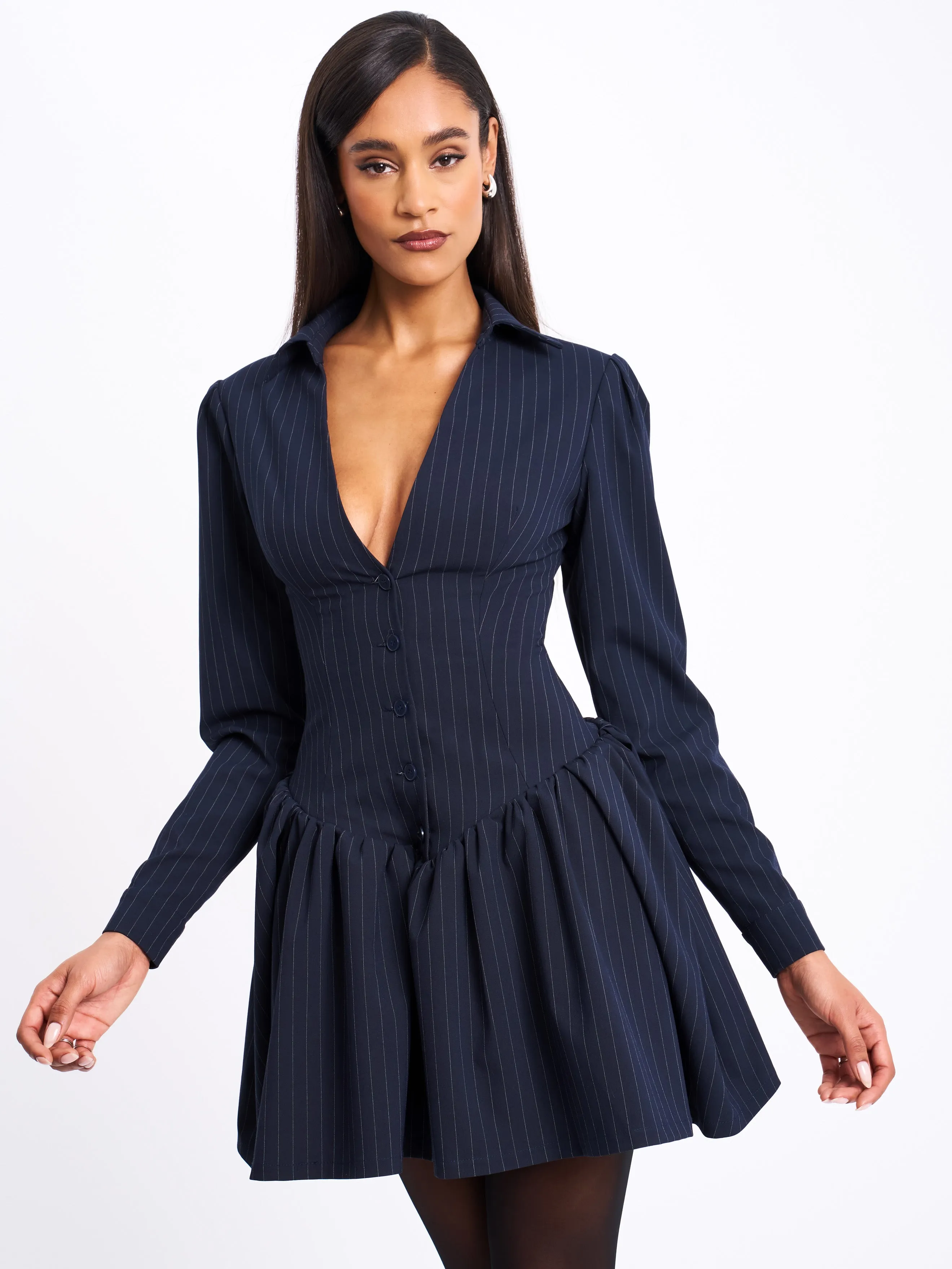 Xabrina Navyblue Pinstripe Long Sleeve Shirt Mini Dress