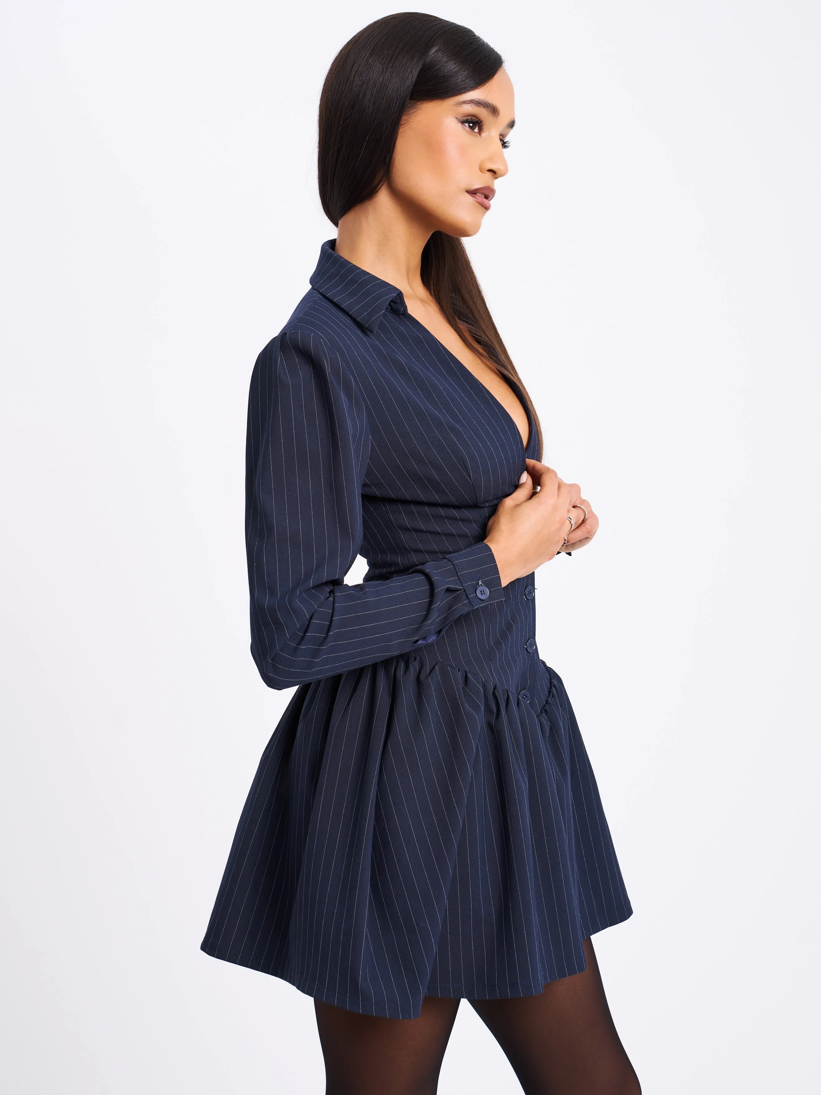 Xabrina Navyblue Pinstripe Long Sleeve Shirt Mini Dress